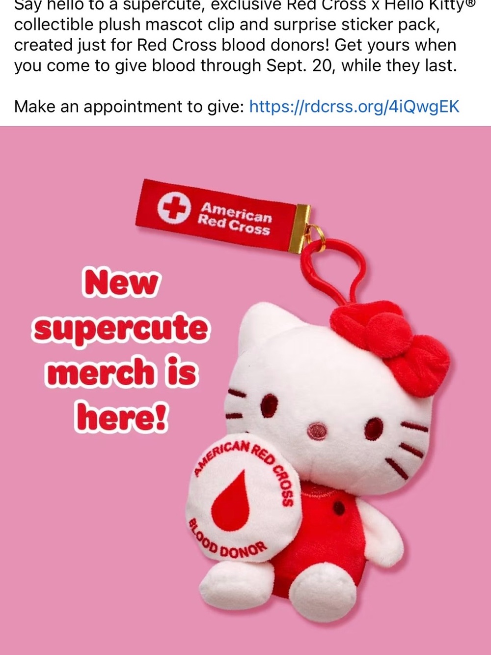 Exclusive America Red Cross Hello Kitty plushie with clip